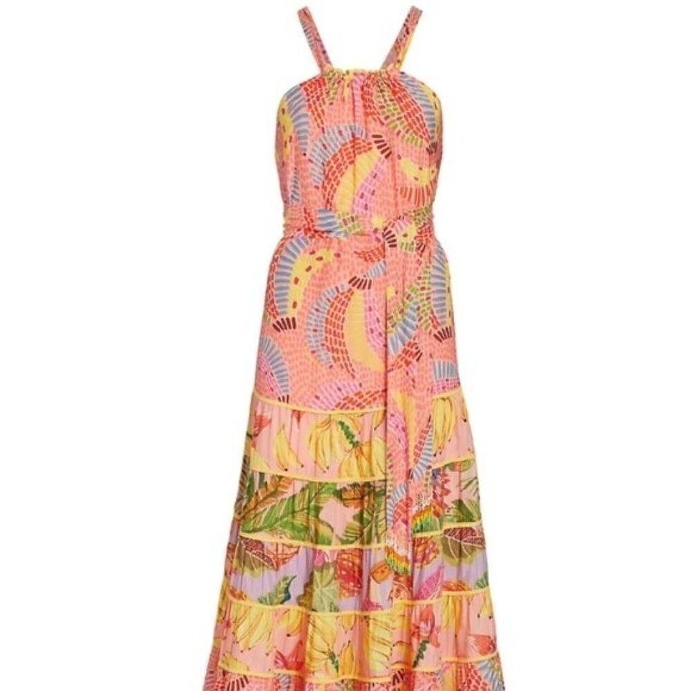 Farm Rio Mixed Pink Prints Maxi Dress Tropical Banana Tiered Halter Multi S - Picture 4 of 16
